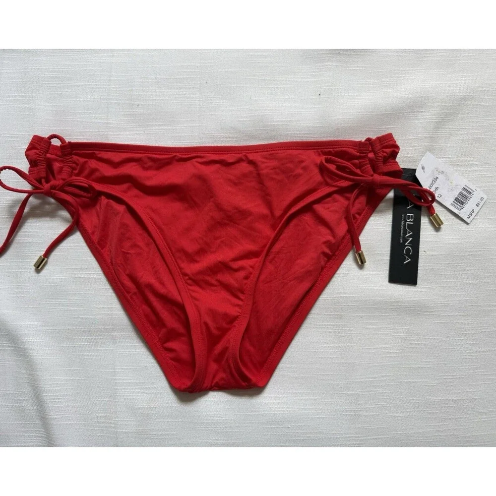 La Blanca Island Goddess Side Tie Hipster Bottom In Cherry Red Sz 12 New